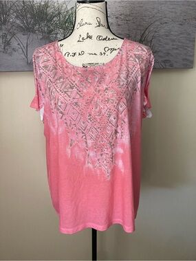 Chico's pink Aztec artsy rhinestone short sleeve scoop neck top, size 3 (XL)